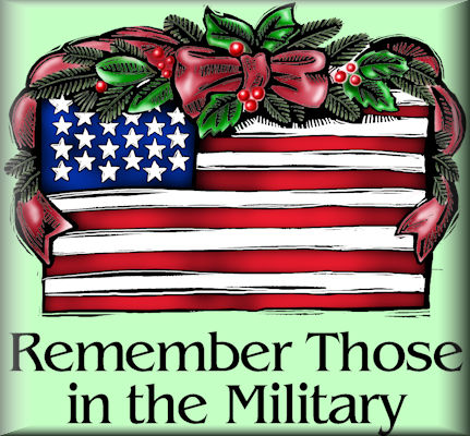 American flag draped in Christmas wreath - Remember those in the Military