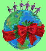 globe with people standing along top edge holding hands with big red Christmas bow