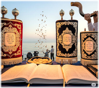 Generated in Gemini _ Symbols for Selichot: Rams horn (shofar), white torah cover, Tashlikh: This ritual, performed on the first day of Rosh Hashanah, involves symbolically casting away sins by throwing bread crumbs into a flowing body of water.