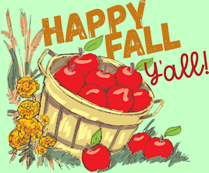 "Happy Fall" with basked loaded with red apples