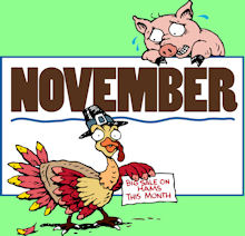 November - Turkey holding sign, "Big sale on hams this month."