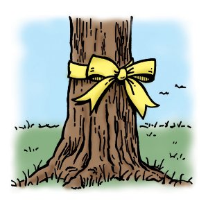 yellow ricbbon tied around a tree